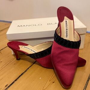 Manolo Blahnik Burgundy Satin Mules with Black Trim